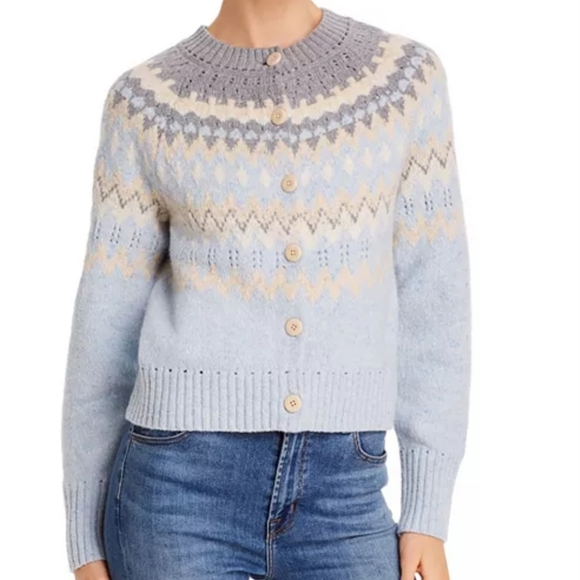 La Vie Rebecca Taylor Fairisle Button Up Cartigan Blue Sweater Wool Blend M - Picture 2 of 15